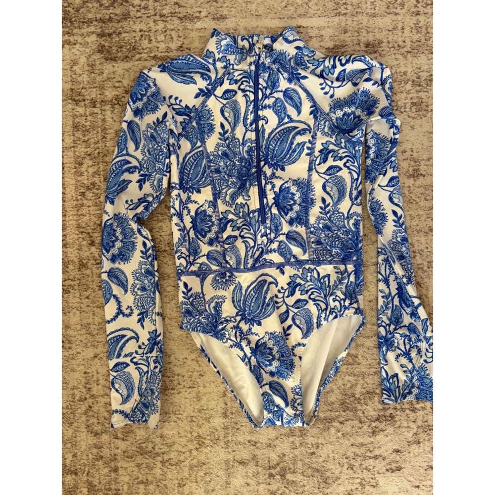 Coolibar One Piece Swimwear Blue White Paisley Long Sleeve Kids Size Small